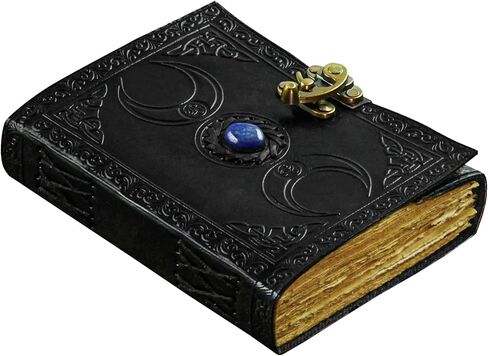 Vintage Leather Journal with Semi Precious Stone Black Triple Moon Design 200 pages Antique Deckle Edge Paper - Book of Shadows, Grimoire Journal, for Men and Women -(7x5) inches in Saudi Arabia