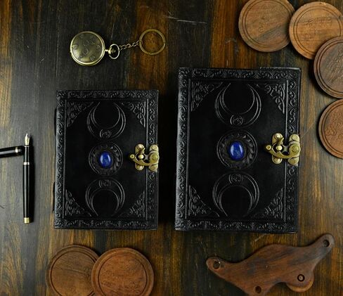 Vintage Leather Journal with Semi Precious Stone Black Triple Moon Design 200 pages Antique Deckle Edge Paper - Book of Shadows, Grimoire Journal, for Men and Women -(7x5) inches in Saudi Arabia