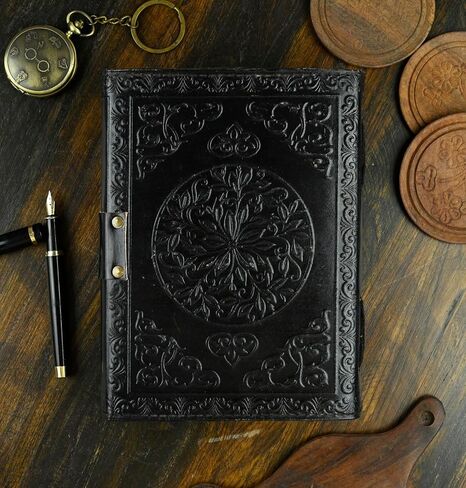 Vintage Leather Journal with Semi Precious Stone Black Triple Moon Design 200 pages Antique Deckle Edge Paper - Book of Shadows, Grimoire Journal, for Men and Women -(7x5) inches in Saudi Arabia