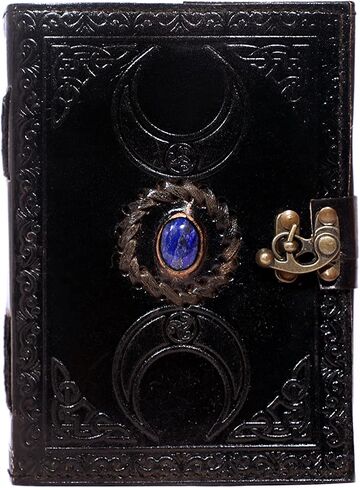 Vintage Leather Journal with Semi Precious Stone Black Triple Moon Design 200 pages Antique Deckle Edge Paper - Book of Shadows, Grimoire Journal, for Men and Women -(7x5) inches in Saudi Arabia