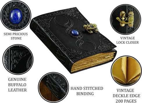 Vintage Leather Journal with Semi Precious Stone Black Triple Moon Design 200 pages Antique Deckle Edge Paper - Book of Shadows, Grimoire Journal, for Men and Women -(7x5) inches in Saudi Arabia