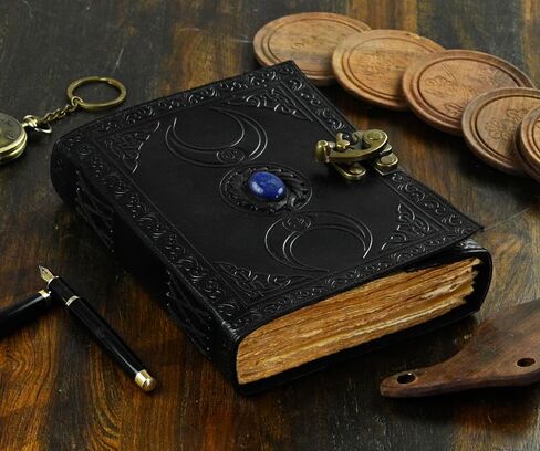 Vintage Leather Journal with Semi Precious Stone Black Triple Moon Design 200 pages Antique Deckle Edge Paper - Book of Shadows, Grimoire Journal, for Men and Women -(7x5) inches in Saudi Arabia