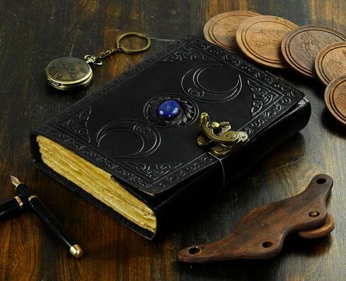 Vintage Leather Journal with Semi Precious Stone Black Triple Moon Design 200 pages Antique Deckle Edge Paper - Book of Shadows, Grimoire Journal, for Men and Women -(7x5) inches in Saudi Arabia