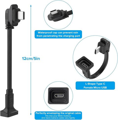 كابل تمديد ALERTCAM 2Pack متوافق مع Blink Outdoor 4 (الجيل الرابع)، سلك تمديد USB صغير أنثى على شكل حرف L إلى ذكر من النوع C، كابل تمديد طاقة مسطح من النوع C لـ Blink 4 (الجيل الرابع) in Saudi Arabia