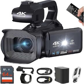 كاميرا فيديو بدقة 4K بدقة 64 ميجابكسل كاميرا تسجيل فيديو لكاميرا فيديو YouTube 60FPS 18X Zoom، WiFi، كاميرا ويب، ميكروفون خارجي، بطاقتان SD سعة 64 جيجابايت، حامل ثلاثي القوائم مقاس 50 بوصة، حافظة، قارئ بطاقات، جهاز تحكم عن بعد، شاحن مزدوج