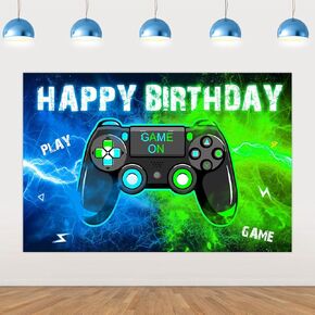 Video Game Happy Birthday Backdrop Blue and Green Video Game Happy Birthday Decorations Backdrop Banner Neon Glow Game On Level Up Birthday Party Decorations Game Player Birthday Party Supplies
