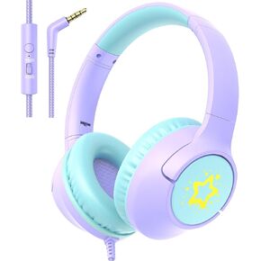 Kids Headphones with Cord, 85/94dB Volume Limited Wired Over-Ear Kid Headphones with Microphone for Kids Toddler, Girls Headphones with wire 3.5mm Cable for Online Learning School Travel, Purple