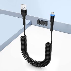 Coiled iPhone Lightning Cable for Apple CarPlay Short USB Lightning Cable - Short iPhone Charger Cord for Car, with MFi