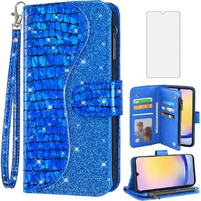 Asuwish Phone Case for Samsung Galaxy A25 5G Wallet Cover with Tempered Glass Screen Protector and Wrist Strap Bling Glitter Leather Flip Zipper Credit Card Holder Cell A 25 25A SM-A256U Women Black