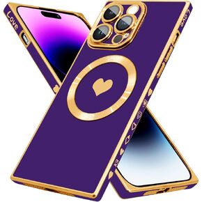 Designed for iPhone 14 pro max Case Cute Love Luxury Plating Edge Bumper [Compatible with Magsafe], Raised Corners with Full Camera Lens Cover for iPhone 14 pro max (Pink)
