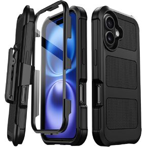 for iPhone 16 Case, [Built-in Screen Protector] Military Grade Drop Protection Cover Heavy Duty Rugged Shockproof Phone Case for iPhone 16 with Kickstand & Belt Clip Holster 6.1" (Blue)