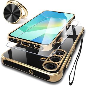 Compatible with Samsung Galaxy A16 5G Case with Screen Protector+Metal Rotatable Kickstand+Lanyard,Soft Anti-Scratch Microfiber Lining,Plating Rose Gold Edge Phone Cover,2025 Purple