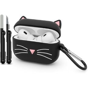 Dumkery Cute Airpods Pro Case, Black Whisker Cat Kitty Airpods Pro 2 Case, Funny 3D Cartoon Animals Shockproof Soft Silicone Charging Case Cover Skin with Carabiner for Kids Girls Women Children