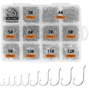 UCEC Octopus Hooks Saltwater Freshwater Fishing Hooks, 400pcs Barbed Catfish Bend Eye Hooks High Carbon Steel Various Fish Species Hooks Kit - Size 1/0#1#2#3#4#5#6#7#8#9#10#11