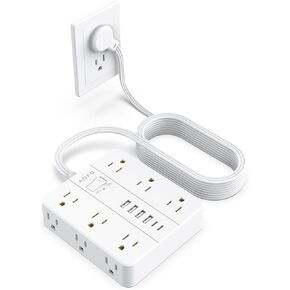 Flat Plug Power Strip, AOFO Surge Protector Flat Extension Cord with 12 AC Outlets and 6 USB(2 USB-C) Ports, Wall Mount, Multiple Outlet 5FT Extension Cord for Home Office, Dorm Room Essentials