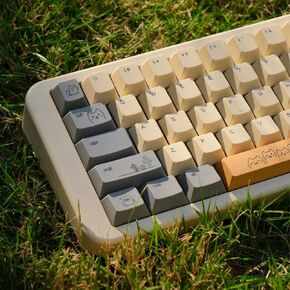 PBT Cute Cat Keycaps, Milk White Dye-Sublimation Keycap, 151 Keys Cherry Profile Keyboard Keycaps Set, Sand Dune Cat Custom Key Caps for Cherry Gateron MX Switches Mechanical Gaming Keyboard