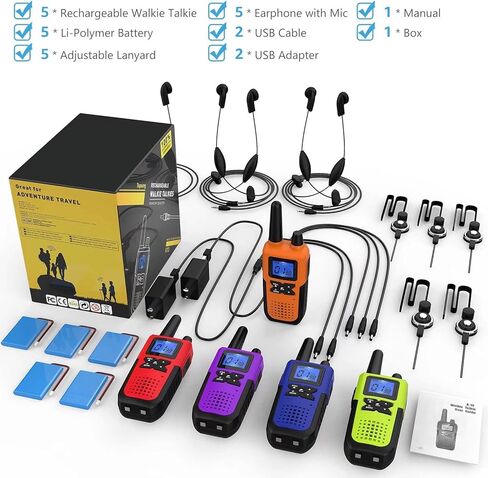 Walkie Talkies قابلة لإعادة الشحن للبالغين بعيدة المدى مع مجموعة الأذن NOAA Weather Alert ، متعددة الأغراض 2 Way Radio 5 Pack For Team Care Care Adventure Family Camping Chiping Cruise Cruise in Kuwait