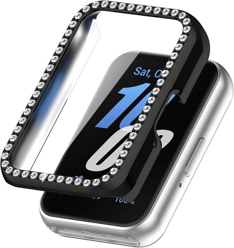 Compatible with Samsung Galaxy Fit3 Bling Diamond Case PC Bumper Protective Cases,Women Girls Crystal Shining Rhinestone Cases Smartwatch Accessories Case(Black+Rosegold) in Saudi Arabia