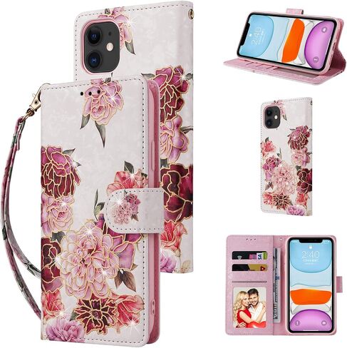 UeeBai Wallet Case for iPhone 11 6.1 inch ، PU Leather Phone Case Kickstand RFID Forting Flock with Slots Card Slots Lrist Right in Kuwait