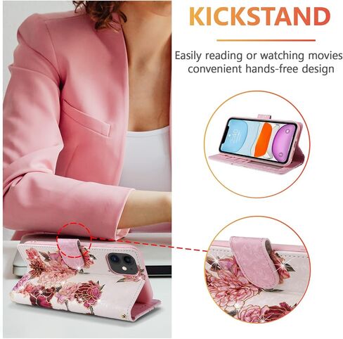 UeeBai Wallet Case for iPhone 11 6.1 inch ، PU Leather Phone Case Kickstand RFID Forting Flock with Slots Card Slots Lrist Right in Kuwait