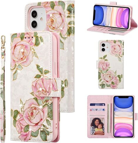 UeeBai Wallet Case for iPhone 11 6.1 inch ، PU Leather Phone Case Kickstand RFID Forting Flock with Slots Card Slots Lrist Right in Kuwait