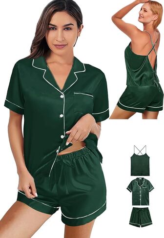3Pcs Silk Pajamas Set for Women XS-4XL Satin Pajama Lingerie Pjs Cami Tops Silky Pj Sets Sleepwear Nightwear in Kuwait