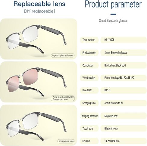 Ai Translation Glasses with more than 144 languages real time translation and touch, Voice Assistant,Anti blue light, Smart Music Glasses, great for businees, travel or overseas students, Black in Saudi Arabia