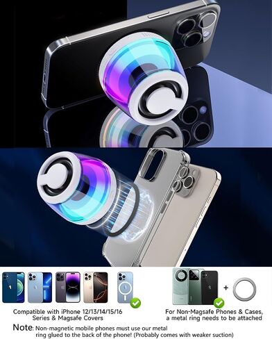 Magnetic Bluetooth Speaker, Wireless Speaker with RGB Light Show, Portable Speaker for MagSafe Phone Stand, Phone Stand for iPhone 16/15/14/13/12 Series/Samsung/Google (Black) (Black) in Saudi Arabia