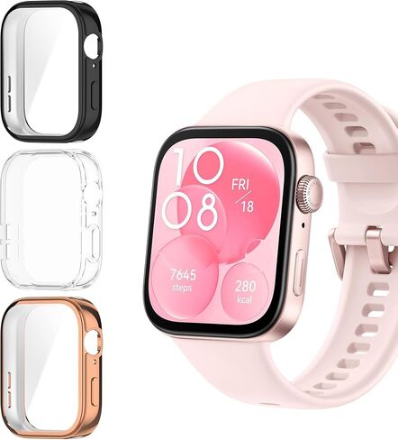 Compatible for Huawei Watch Fit 3 Case, Lamshaw Soft Slim TPU All Around Protective Shell Anti-Scratch Bumper Cover Case Compatible for Huawei Watch Fit 3-1.82 inch (Black+Clear+Pink) in Saudi Arabia