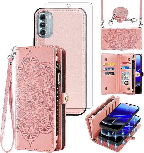 Asuwish Phone Case for Motorola Moto G Stylus 5G 2022 Zipper Wallet Detachable Cell Cover with Tempered Glass Screen Protector Strap Flower Card Holder Slot XT2215-1 XT2215-4 XT2215DL Women Girls Blue in Saudi Arabia