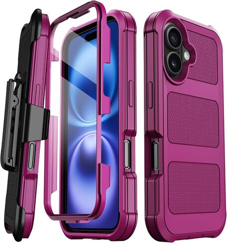 for iPhone 16 Case, [Built-in Screen Protector] Military Grade Drop Protection Cover Heavy Duty Rugged Shockproof Phone Case for iPhone 16 with Kickstand & Belt Clip Holster 6.1" (Blue) in Saudi Arabia