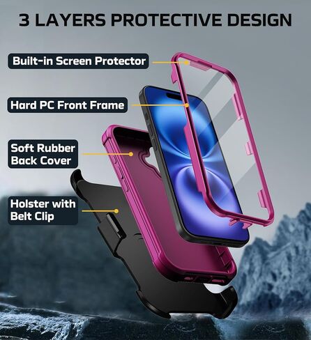 for iPhone 16 Case, [Built-in Screen Protector] Military Grade Drop Protection Cover Heavy Duty Rugged Shockproof Phone Case for iPhone 16 with Kickstand & Belt Clip Holster 6.1" (Blue) in Saudi Arabia