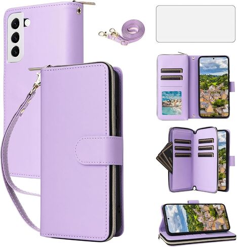 Asuwish Phone Case for Samsung Galaxy S22 5G Cover with Tempered Glass Screen Protector and Zipper Wallet Card Holder Slot Stand Flip Mobile Cell Accessories S 22 22S 4G G5 6.1 inch Women Rose Gold in Saudi Arabia