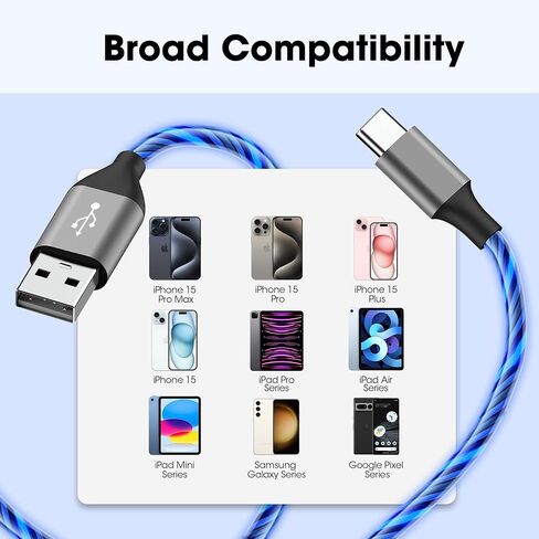 كابل شحن USB C مضيء، 6 أقدام - سلك شحن سريع من النوع C - متوافق مع iPhone 15/Pro/Plus/Pro Max، وSamsung Galaxy S24/S23/S22/S21/S20، وiPad، وPixel، والمزيد (أزرق) in Kuwait