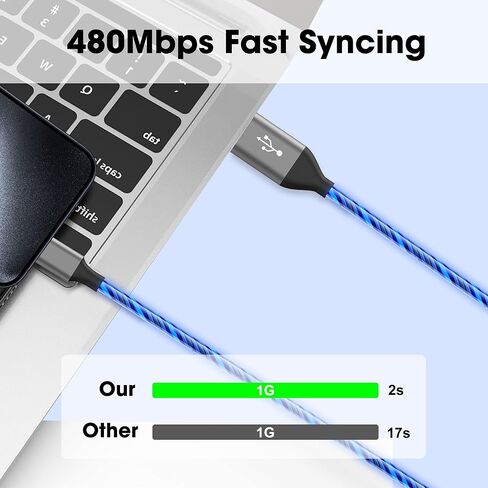 كابل شحن USB C مضيء، 6 أقدام - سلك شحن سريع من النوع C - متوافق مع iPhone 15/Pro/Plus/Pro Max، وSamsung Galaxy S24/S23/S22/S21/S20، وiPad، وPixel، والمزيد (أزرق) in Kuwait