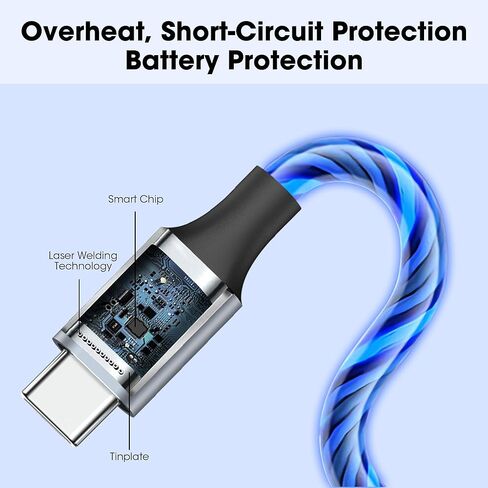 كابل شحن USB C مضيء، 6 أقدام - سلك شحن سريع من النوع C - متوافق مع iPhone 15/Pro/Plus/Pro Max، وSamsung Galaxy S24/S23/S22/S21/S20، وiPad، وPixel، والمزيد (أزرق) in Kuwait