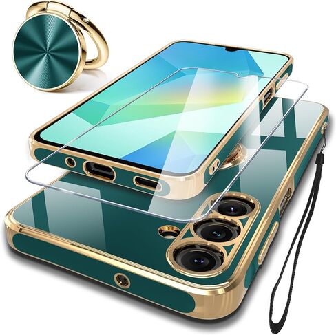 متوافق مع علبة Samsung Galaxy A16 5G مع واقي الشاشة+كيكستاند القابل للدوار المعدني+حبل ، بطانة ميكروفيات ناعمة مضادة للخلع ، غطاء هاتف حافة الذهب الوردي ، 2025 أرجواني in Saudi Arabia