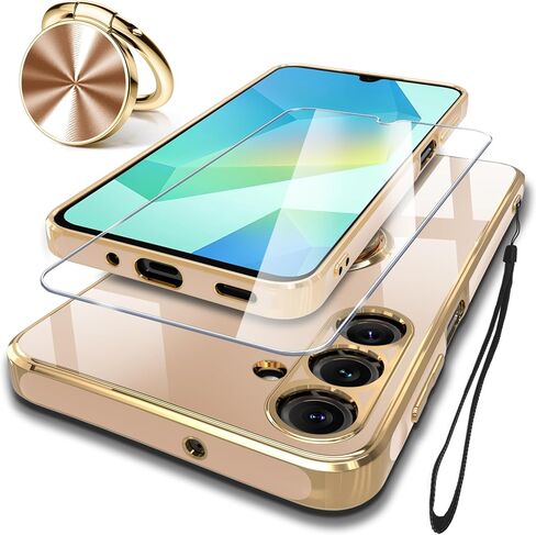 Compatible with Samsung Galaxy A16 5G Case with Screen Protector+Metal Rotatable Kickstand+Lanyard,Soft Anti-Scratch Microfiber Lining,Plating Rose Gold Edge Phone Cover,2025 Purple in Saudi Arabia
