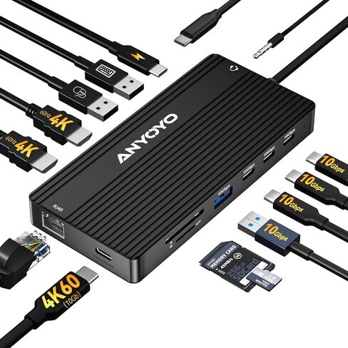 USB C Docking Station Dual Monitor, 14 in 1 ANYOYO Docking Station 3 Monitors 4K60HZ(2 HDMI+USB C Video Out),10Gbps(3*A+C),PD100W,Ethernet,SD/TF,Audio for MacBook Pro/Air,Dell,HP,USB C Monitor in Saudi Arabia