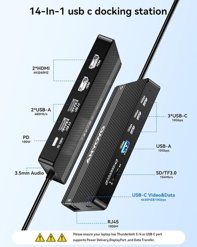 USB C Docking Station Dual Monitor, 14 in 1 ANYOYO Docking Station 3 Monitors 4K60HZ(2 HDMI+USB C Video Out),10Gbps(3*A+C),PD100W,Ethernet,SD/TF,Audio for MacBook Pro/Air,Dell,HP,USB C Monitor in Saudi Arabia