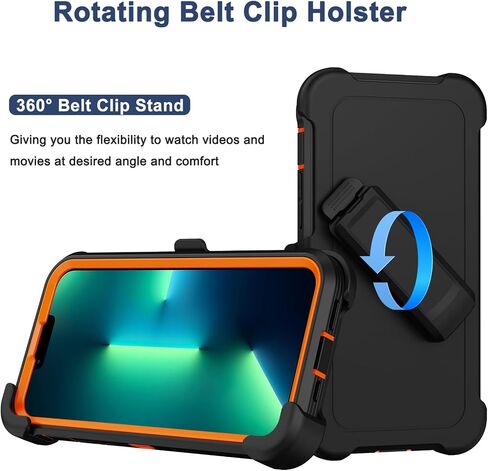 RubCase for iPhone 13 Pro Max Case with 2X Screen Protector, Dual Layer Bumper Cover with Belt Clip Holster & Kickstand, Full Body Heavy Duty Rugged Phone Case for iPhone 13 Pro Max (Black/Blue) in Saudi Arabia
