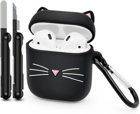 Dumkery Cute Airpods Pro Case، حافظة Black Whisker Cat Kitty Airpods Pro 2، حيوانات كرتونية ثلاثية الأبعاد مضحكة مقاومة للصدمات من السيليكون الناعم غطاء حافظة شحن مع حلقة تسلق للأطفال الفتيات والنساء والأطفال in Kuwait