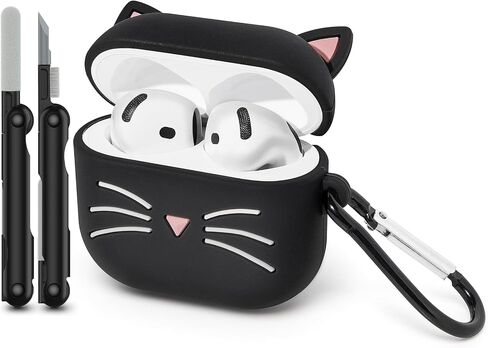 Dumkery Cute Airpods Pro Case، حافظة Black Whisker Cat Kitty Airpods Pro 2، حيوانات كرتونية ثلاثية الأبعاد مضحكة مقاومة للصدمات من السيليكون الناعم غطاء حافظة شحن مع حلقة تسلق للأطفال الفتيات والنساء والأطفال in Kuwait