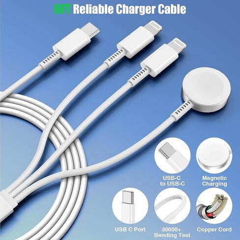 3 in 1 Apple Watch Charger,iPhone Watch Charger,iWatch Charger USB C Fast Multi Charging Cable 6FT with 20W Charger Block for iWatch Ultra 2/SE/Series 10/9/8/7/6/5/4/3,iPhone 16 15 14 Pro Max-Black in Saudi Arabia