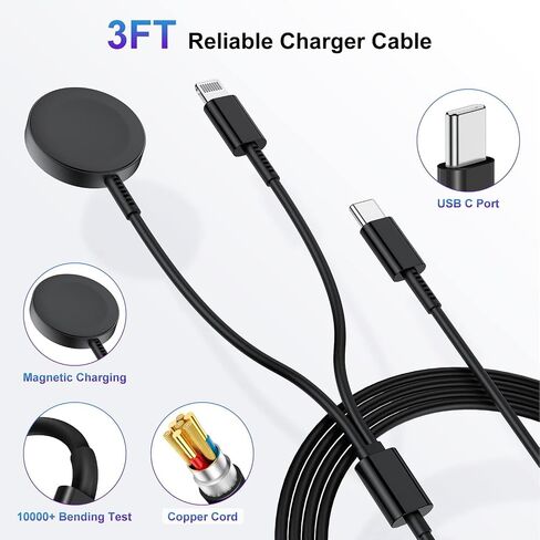 Upgraded for Apple Watch Charger, 2 in 1 USB C Magnetic iWatch Charger Cord & USB-C to Lighting Cable 3FT with Type C Block, Fast Charging i-Watch Series Ultra/9/8/7/6/SE/5, for Phone 14/13/12 Series in Saudi Arabia