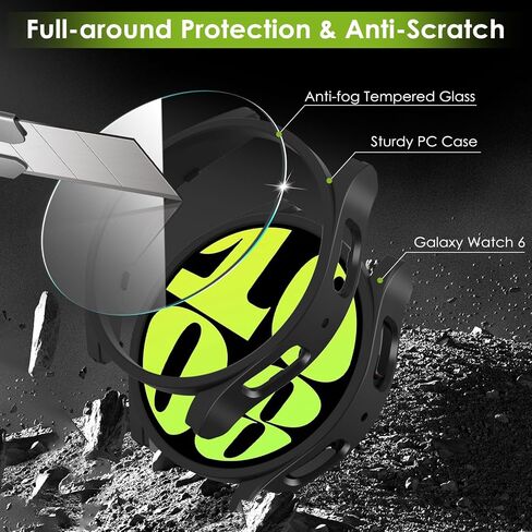 EWUONU [4+4Pack Galaxy Watch 6 Screen Protector Case 44mm 2023, Anti-Fog Tempered Glass Film and Hard PC Bumper Case Cover for Samsung Galaxy Watch 6 44mm in Saudi Arabia