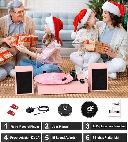Vinyl Record Player with External Speakers, Wireless Bluetooth 3 Speed Vintage Record Player and Speakers Retro Turntable with Stereo Speakers, RCA Line-Out and AUX-in, Black in Saudi Arabia