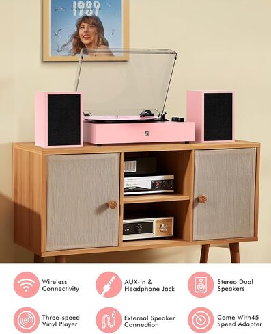 Vinyl Record Player with External Speakers, Wireless Bluetooth 3 Speed Vintage Record Player and Speakers Retro Turntable with Stereo Speakers, RCA Line-Out and AUX-in, Black in Saudi Arabia