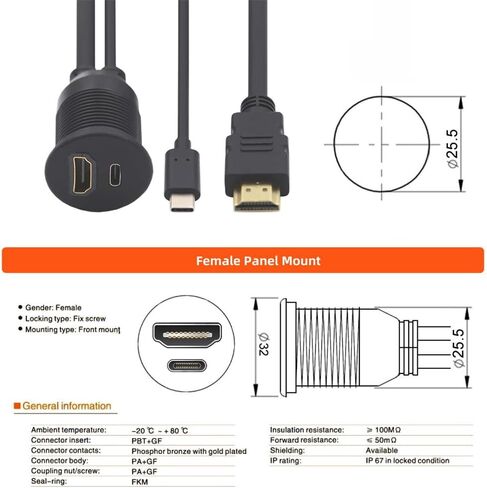xiwai Waterproof Dustproof USB-C Type-C USB 3.1 10Gbps Extension Flush Car Latch Mount Extension Cable for Dashboard Panel in Saudi Arabia