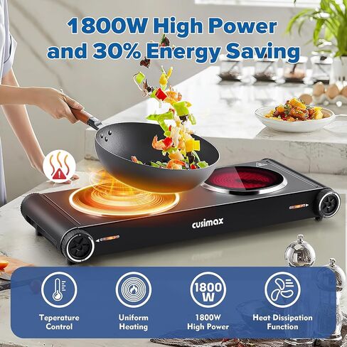 Cusimax Hot Plate,1800W Electric Stove Countertop Double Cast Iron Burner with Adjustable Temperature,7.4"+6.1" Portable Hot Plates for Cooking,Compatible for All Cookwares in Kuwait